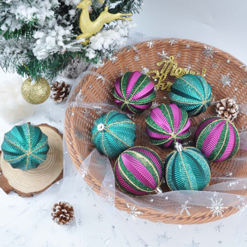 Flocked Christmas Ornaments Set Green Purple 8pcs