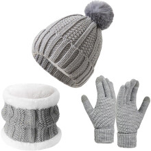 Womens Winter Beanie Hat Scarf Gloves 3 In 1 Set Fleece Lined Beanie Pompom Hat Gloves Scarf for Cold Weather