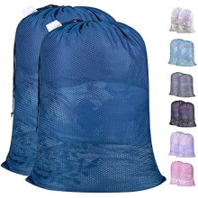 Stevige waszakken van mesh, 24x36 inch, met label en afsluitbaar trekkoord – 2 stuks, wasbare voering voor reizen, sport, studentenkamers (blauw)