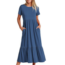 Damen-Sommerkleid, lässig, kurzärmelig, Rundhalsausschnitt, fließend