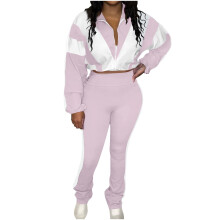 Womens 2 Piece Outfits Drawstring Hem Color Block Full Zip Crop Jacket and Jogger Pants Tracksuit Sets with Pockets