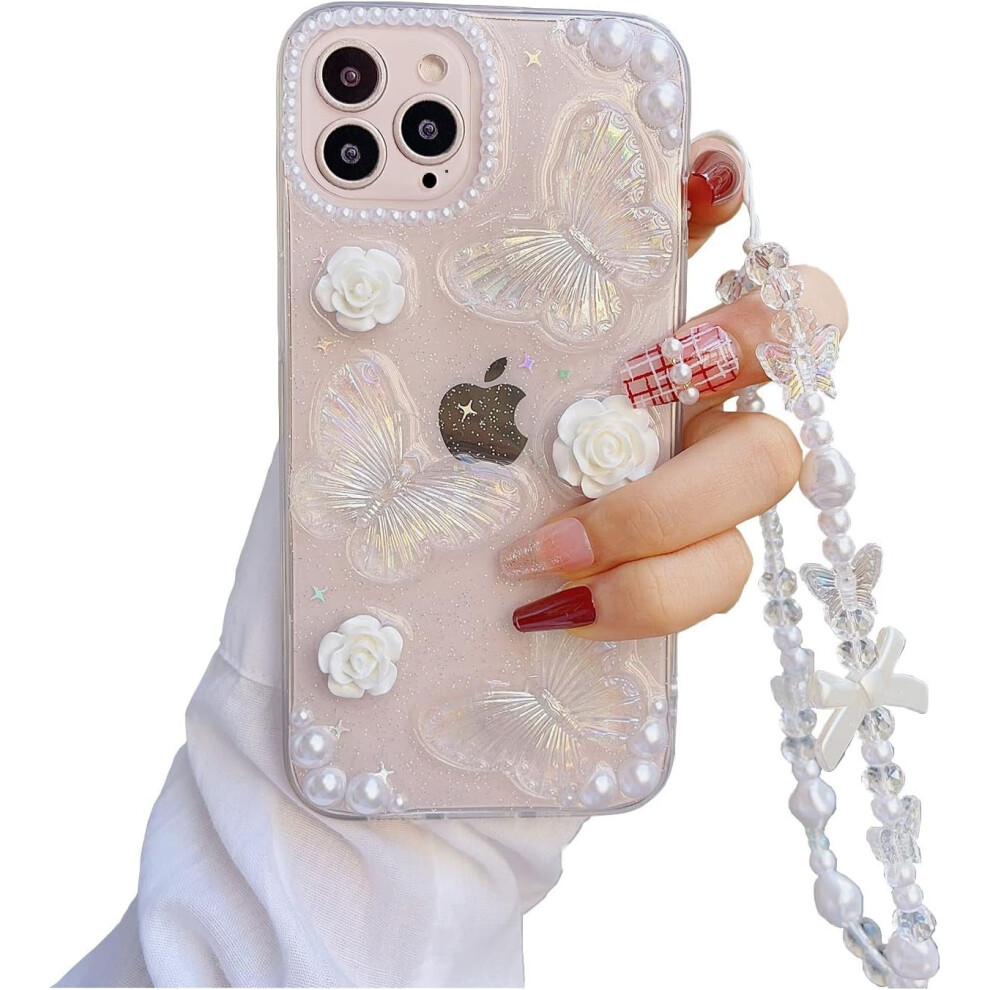 Butterfly Flower 3D Cute Case With Charm Chain & Wrist Bracelet For Compatible With Iphone 13 Pro Max, Crystal Clear Shockproof 9422877436941
