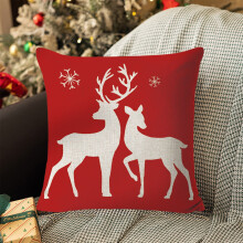 Housse de coussin rouge de Noël 45 x 45 cm, motif flocons de neige et rennes