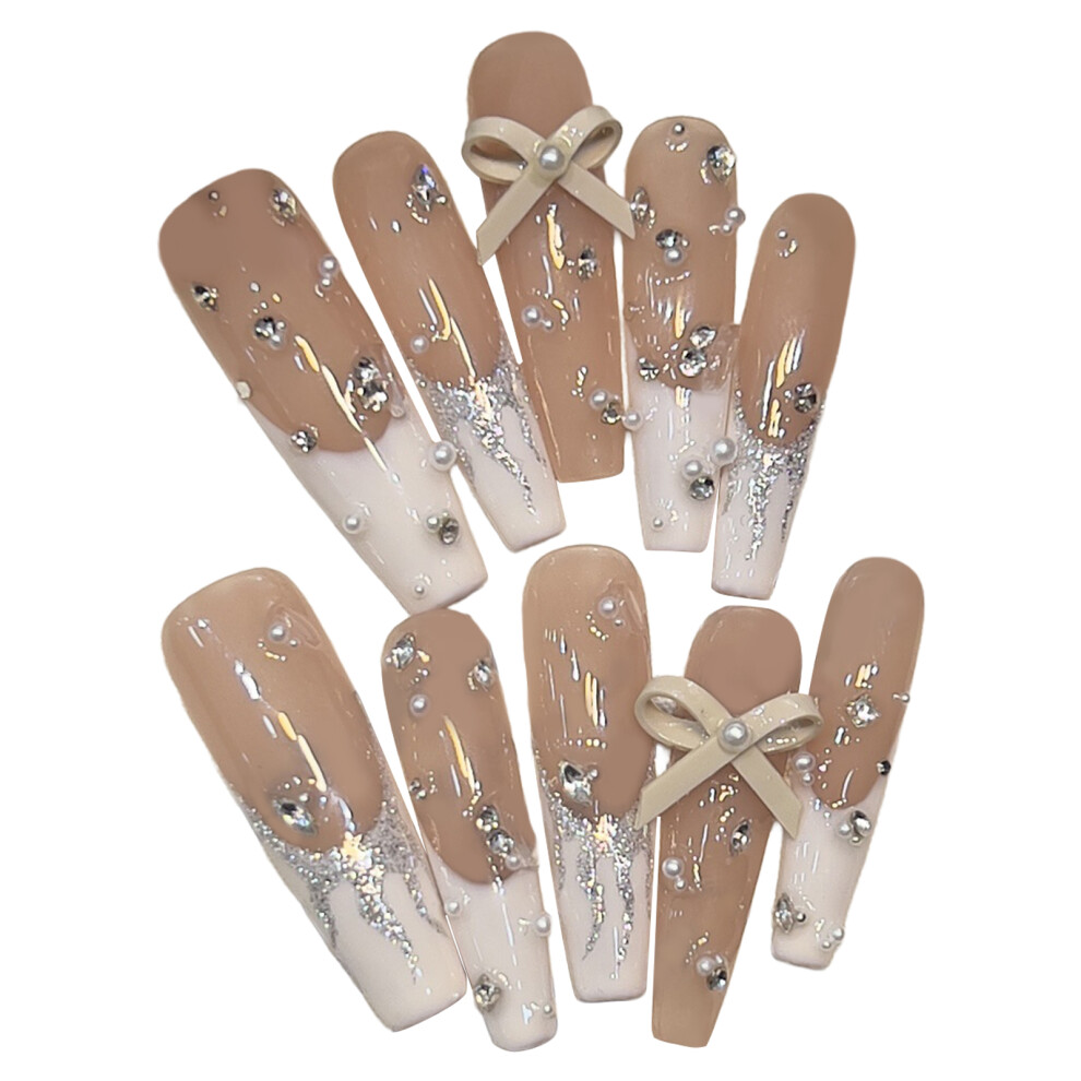 Bright-Home (Xs) Women Artificial Nail With Bowknot Handmade Rhinestone Glitter Acrylic Nails For Diy Nail Design Art Salon