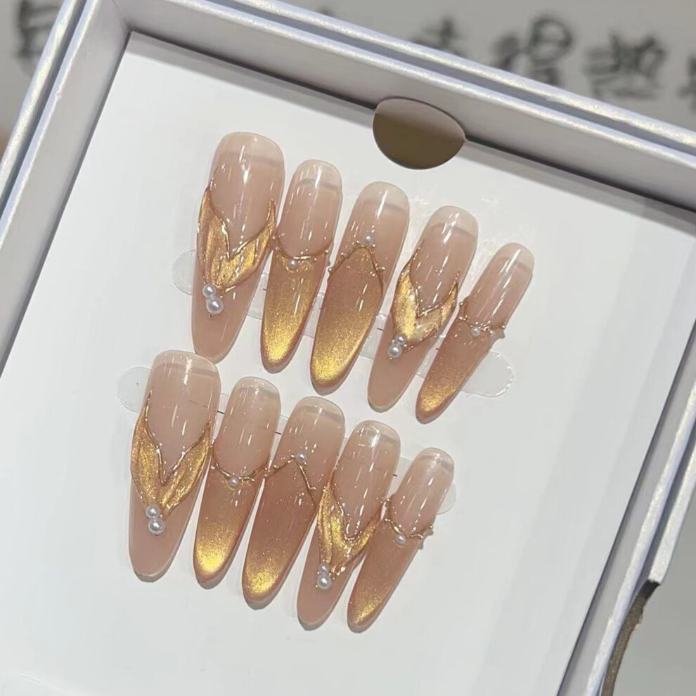 Penghui-Toys (M) Long Almonds French False Nails With Pearl Design Long Press On Nails For Fingernail Diy Decoration
