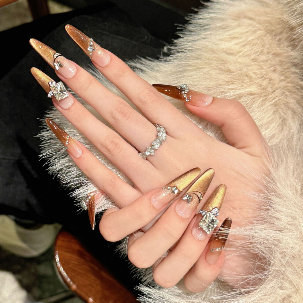 Bright-Home (S) Gradients Long Pointed Head Fake Nails Sweet & Charming Reusable False Nails For Shopping Traveling Dating