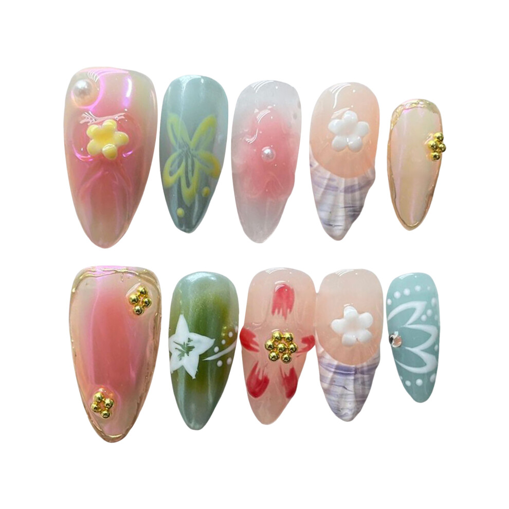 Penghui-Toys (S) Colorful Aurora False Nails With Flower Print Reusable Long Lasting Press On Nails For Shopping Traveling Dating