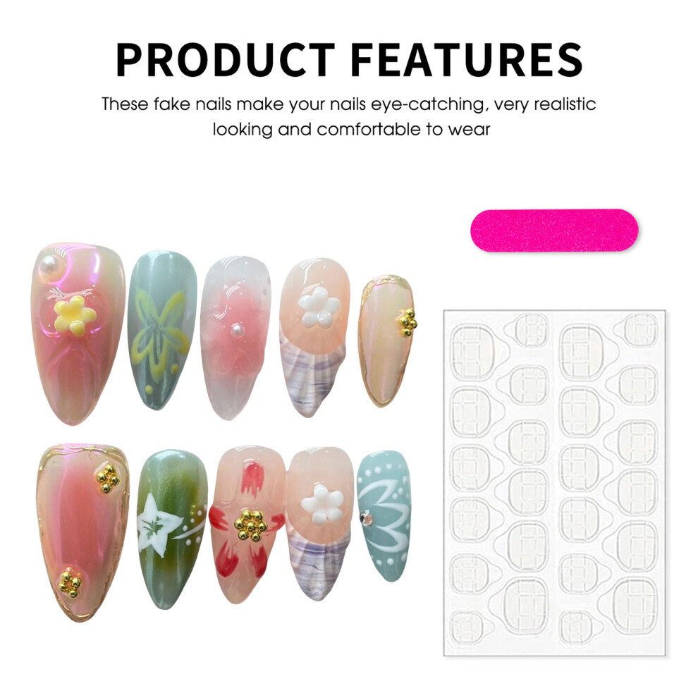 Penghui-Toys (L) Colorful Aurora False Nails With Flower Print Reusable Long Lasting Press On Nails For Shopping Traveling Dating