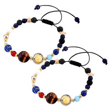Pulseira com tema espacial, 2 peças, contas de planetas, pedra natural, bracelete preta para festas e uso diário.