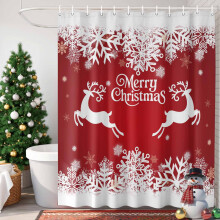 Cortina de ducha con ciervos navideños, 48" x 72", Cortina de baño impermeable con copos de nieve rojos "Feliz Navidad", juego de cortina de ducha
