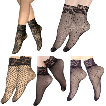 Calzini alla caviglia in rete nera con bordo in pizzo e fantasia, traspiranti, morbidi, a metà polpaccio, ideali come regalo per donna, set da 5