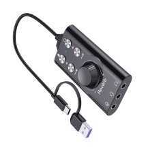 Placa de som externa USB 7.1 canais Plug and Play, construção em ABS e PVC, para jogos e produção musical.