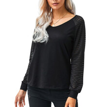Elegante und lässige Blusen mit Puffärmeln, leichtem Stoff, V-Ausschnitt, transparentem Mesh-Streifenmuster, langen Ärmeln, lockerer Passform für
