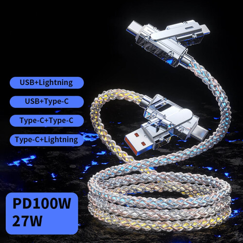Καλώδιο γρήγορης φόρτισης 4 σε 1 USB-A/USB-C σε C PD100W με ροή ρεύματος LED, συμβατό με