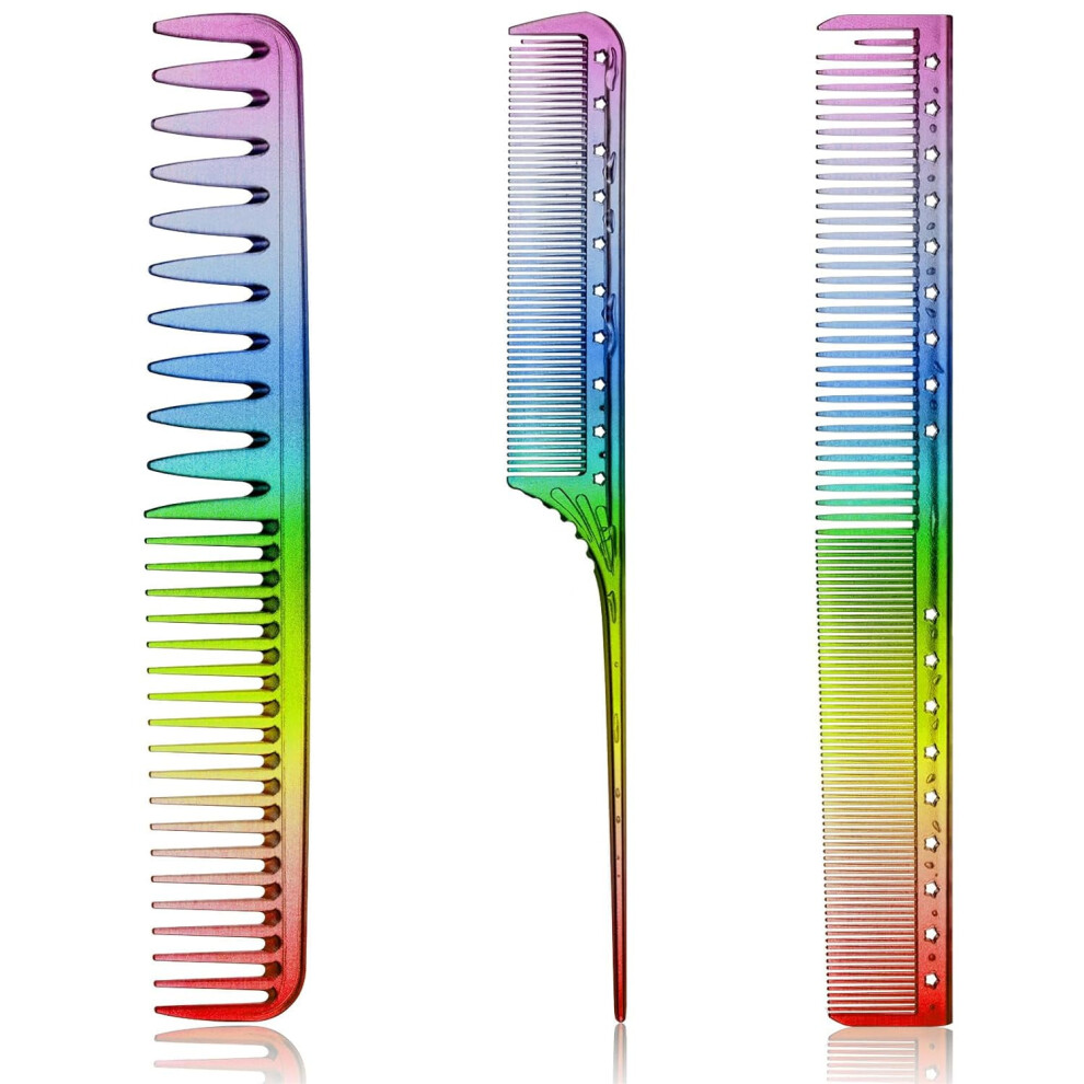 Unisex 3 Pieces Rainbow Fine Tooth Comb For Woman Rat Tail Styling Salon Hair Comb Anti Static Heat Resistant Hairdressing Tools For Root Teasing