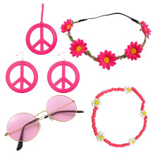 Hippiepak, carnavalsbril, oorbellen met vredesteken, ketting en oorbellenset met vredesteken.