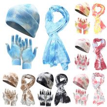 Tie Dye Knit Hat Scarf and Gloves Set, Windproof Cold Weather 3-Piece Set for Skiing, Hiking, Snowboarding and Outdoor Activities-Black