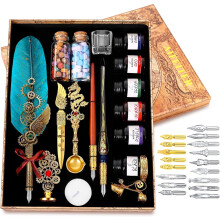 Quill Pen Calligraphy & Wax Seal Set: Glass/Wood Dipping Pens, 6 Inks, 8 Papers, Envelope