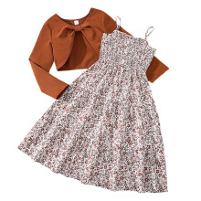 Girls' 2-Piece Floral Dress & Long Sleeve Cardigan Set, Fall Playwear Outfit for 7-8 Years, Compatible with Kids' Casual Wear