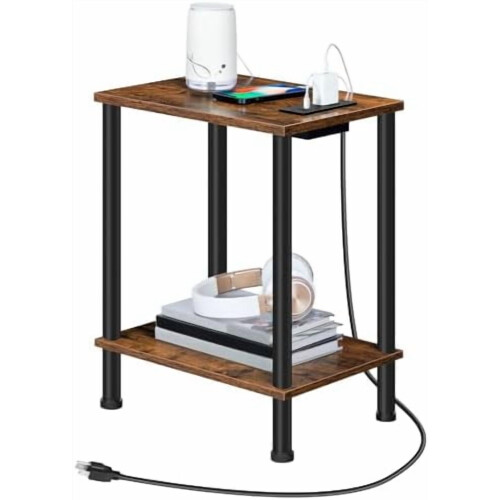 Side Table with Charging Station Rustic Brown 2-Tier