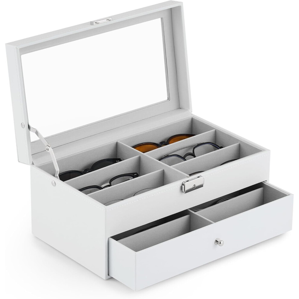 White 12-Slot Sunglasses Organizer Box With Lockable 2-Tier Display & Drawer Â Compatible With All Glasses