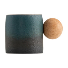 Artisan Mini Coffee Cup with Spherical Wooden Handle, Gradient Glaze Ceramic Tea Cup – Compatible with Home & Cafe Use