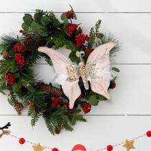 Glitter Butterfly Ornaments in Red, White, Champagne & Gold with Feathers – for Christmas Tree, Wedding Wreaths, Floristry – Compatible with