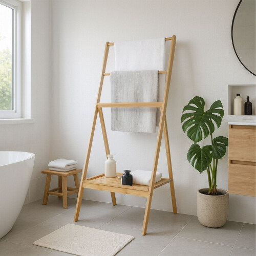 Bamboo Towel Rack with Shelf - Freestanding, Foldable