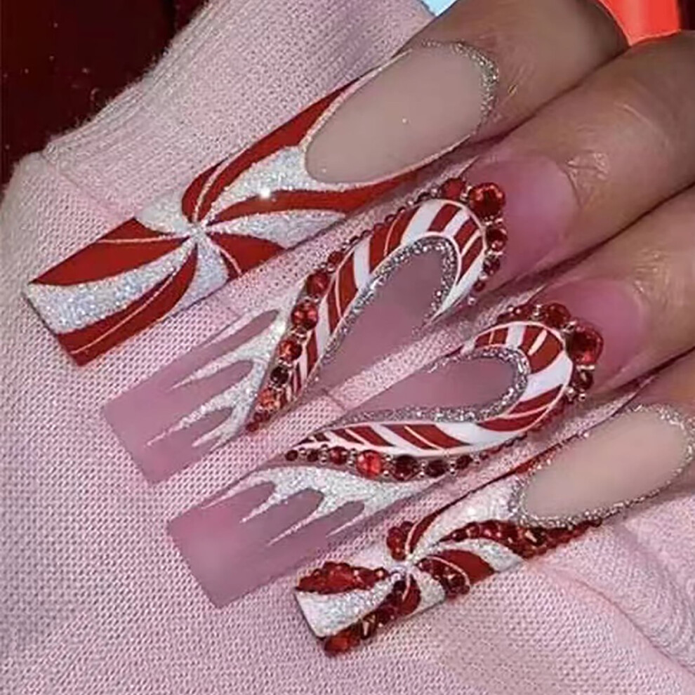 24PCS Christmas Long Coffin False Nails, Press-on Nails with Rhinestones Glitter Design, Xmas Decor for Women