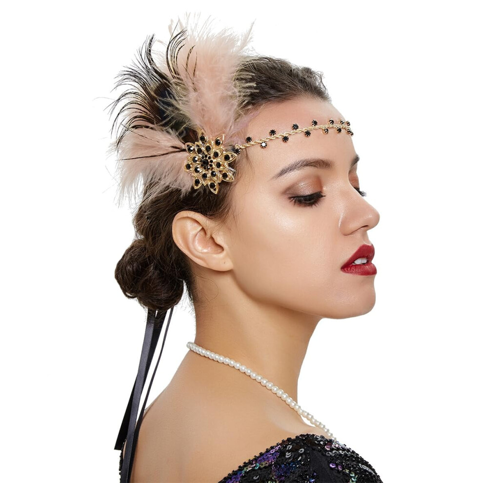 Unisex Pink,Black Bridal 1920S Flapper Feather Headband With Hair Clip Crystal Flower Black Peacock Feather Headpiece Hair Jewelry For Women And Girls (Shallow Pink)