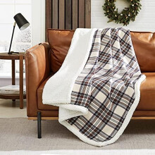 - Blanket, Soft Reversible Sherpa & Brushed Fleece Bedding, Perfect for Lounging, Dorm Essentials (Edgewood Plaid Khaki)