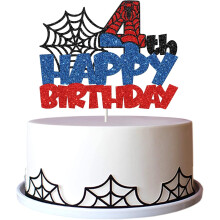 Happy 4th Birthday Cake Topper, Spider Cartoon Movie Themed Happy 4th Birthday Cake Decor for Men Boy Children, Four Years Birthday Party Supplies
