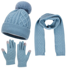 Women's Light Blue Pom Pom Beanie Set – Fleece-Lined Knit Hat, Scarf & Gloves, 3-Piece Ski Accessories Gift Set
