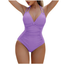 Damen-Badeanzug mit Bauchkontrolle, Neckholder, Push-up-Effekt, V-Ausschnitt, Raffungen und figurformender Wirkung