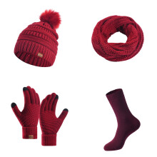 Women's Winter 4-Piece Set: Knit Beanie, Neck Warmer, Scarf & Touch-Screen Gloves – Wine, 21.65", Compatible with All