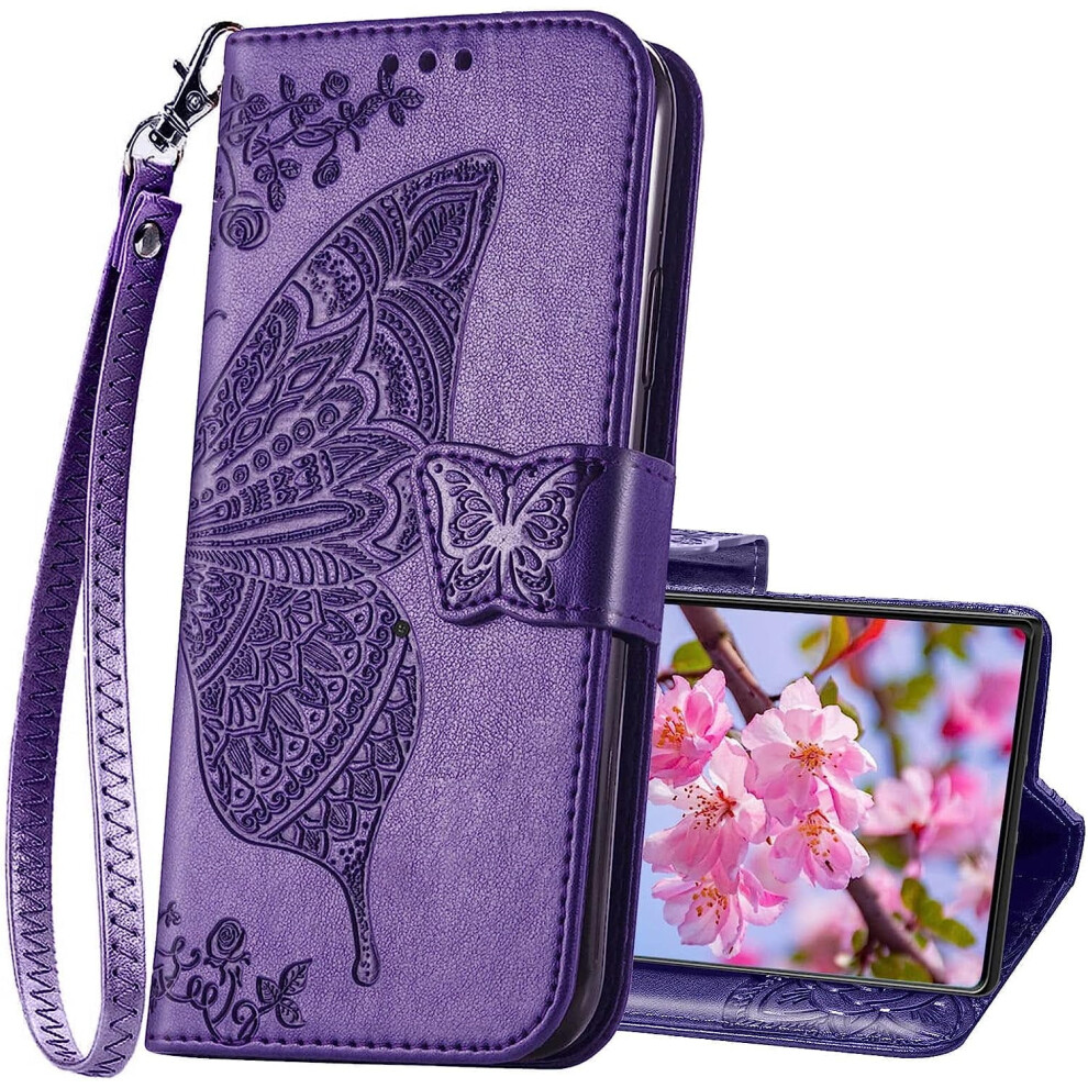 Butterfly Embossed Pu Leather Flip Wallet Case With Stand, Card Slots & Magnetic Wrist Strap For Compatible With Samsung Galaxy S20 Fe 5G (Purple) Purple 9399596655413
