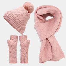 Women's Pink Winter Pom Pom Beanie Set: Fleece-Lined Knit Hat, Wrist Warmers & Scarf, 3-Piece Matching Skiing Gift Set