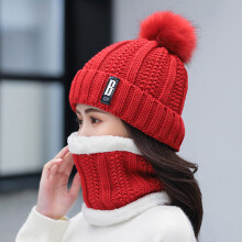 Winter Pom Pom Beanie Set, Cuffed Knit Hat with Faux Fur Ball, Matching Fleece Lined Scarf, 2-Piece Winter Accessories, Cold Weather Gift Set Red