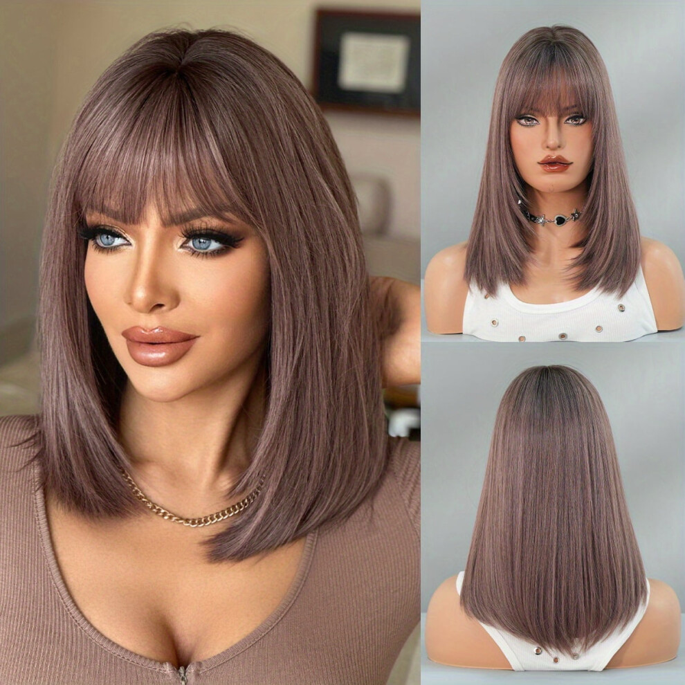 Elegant 16.93" purple-bang synthetic wig, rosette cap, heat-resistant, everyday wear â compatible with standard wig stands
