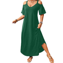 Damenkleider, schulterfrei, kurzärmelig, U-Ausschnitt, locker, einfarbig, Maxikleid, Sommerurlaub, Reise-Outfit