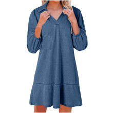 Vestido jeans feminino, estilo babydoll, para o verão, com decote em V e mangas 3/4.