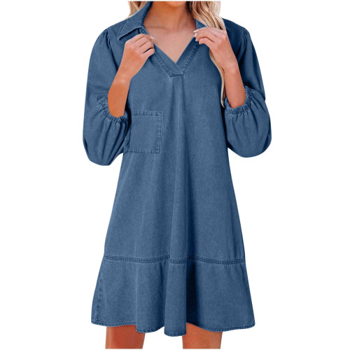 Γυναικείο Φόρεμα Τζιν Καλοκαιρινό Casual Babydoll με V Λαιμόκοψη 3/4 Μανίκια