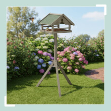 Bird Feeder with Pole - Spruce Wood, Weatherproof Roof