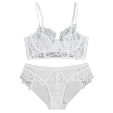 Lingerieset voor dames van transparante stof, sexy bh en slipje met bloemenkant en beugel, verstelbare schouderbandjes, push-up effect, ademend
