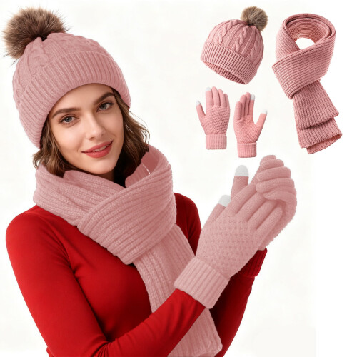 Ensemble bonnet, écharpe et gants en maille rose, accessoires thermiques chauds