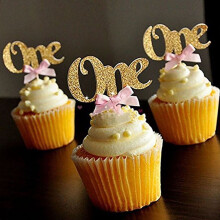 6Pcs Figure One Glitter Cake Toppers Baby First Birthday Party Cupcake Decor