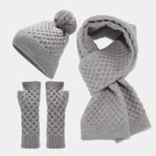 Women's Winter Pom Pom Beanie Set w/ Fleece-Lined Hat, Wrist Warmers & Scarf – 3-Piece Matching Skiing Gift Set (Grey)