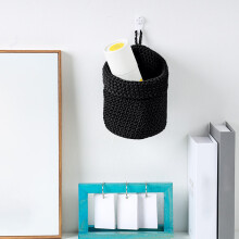Small Woven Baskets, Decorative Storage Baskets for Pantry, Shelves, Living Room, Cotton Rope Organizer, Bathroom Storage Organizer Bin, Black Round
