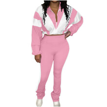 Womens 2 Piece Outfits Drawstring Hem Color Block Full Zip Crop Jacket and Jogger Pants Tracksuit Sets with Pockets