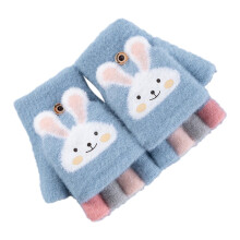 AWZXDE Children Five Fingers Gloves Thickened Cute Cartoon Knitted Flip Warm Gloves For Girls Winter And Students Blue